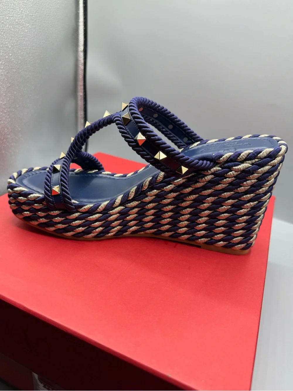 Valentino Blue Rope Wedge Sandals with Stud Detailing